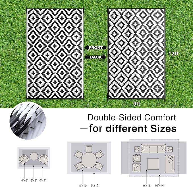 OLANLY Waterproof Outdoor Rug 9x12 ft, Outdoor Plastic Straw Rug for Camping, RV Mat Outside, Indoor Outdoor Carpet for Porch, Deck, Backyard, Balcony, Picnic, Black & White