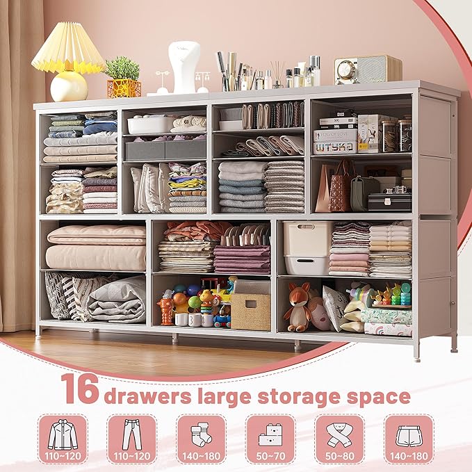 EnHomee Dressser for Bedroom Dresser with 16 Drawers TV Stand for Bedroom for 60" TV Long Dressers & Chests of Drawers Large Dresser with Charging Station, 51.5" W*11.7" D*34.6" H, White
