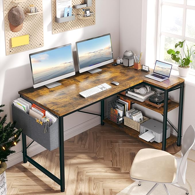 EnHomee 48 Inch L Shaped Gaming Desk, Computer Desk with Storage Shelves & Side Bag, Office Desk with Power Outlets, Small Corner Desk for Small Space Home Office Bedroom, Study Writing Table, Brown
