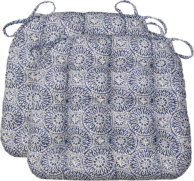 Barnett Home Decor Dining Chair Cushions with Ties – Size Small 15 x 17 - Latex Foam Fill, 100% Cotton, Machine Washable Chair Pads for Kitchen Chairs, Made in USA (Tibet Blue/Pack of 2)