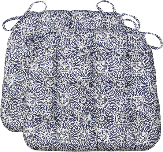 Barnett Home Decor Dining Chair Cushions with Ties – Size Small 15 x 17 - Latex Foam Fill, 100% Cotton, Machine Washable Chair Pads for Kitchen Chairs, Made in USA (Tibet Blue/Pack of 2)