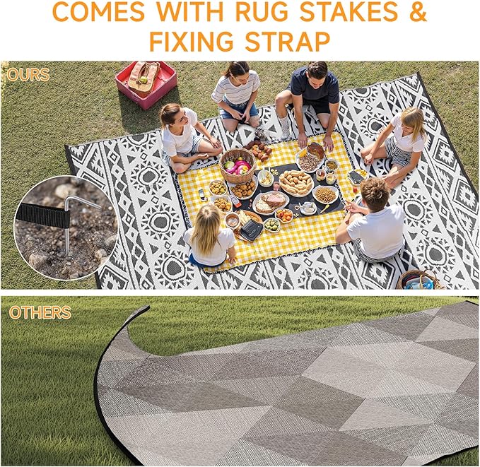 Outdoor Rug Waterproof 6x9 ft, Reversible Outdoor Plastic Straw Rug Patio Rug, RV Rugs for Outside, Outdoor Carpet for Patio Camping Deck Balcony Backyard, Black & Gray