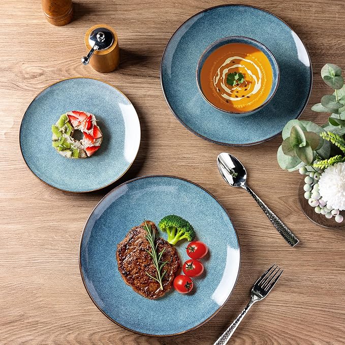 AmorArc Ceramic Dinnerware Sets for 4, 12 Pieces Handpainted Plates and Bowls Set, Scratch Resistant Stoneware Dishes Set, Dishwasher & Microwave Safe, Ceylon Blue
