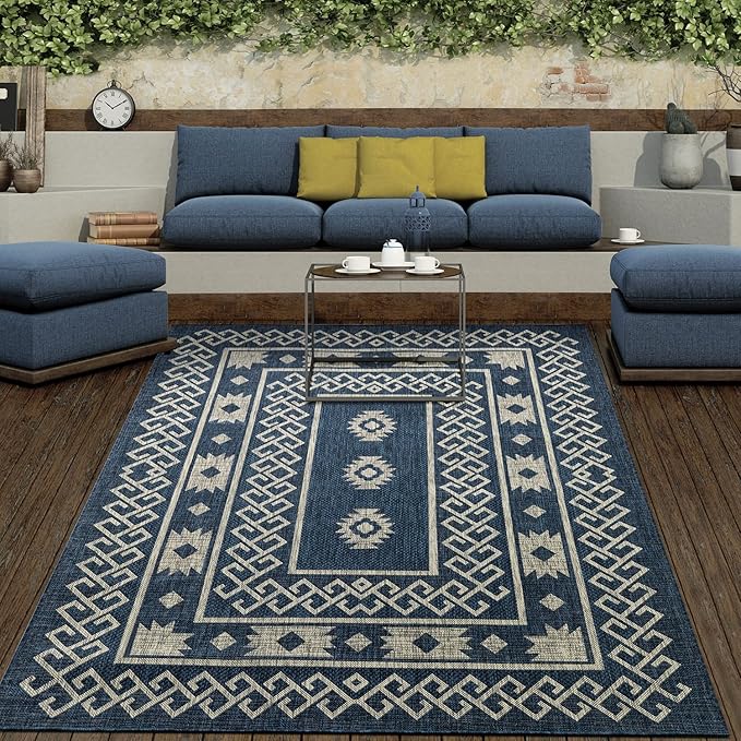 Antep Rugs Patio 6x9 Outdoor/Indoor Southwest Aztec Native Area Rug (Blue, 6'7" x 9')