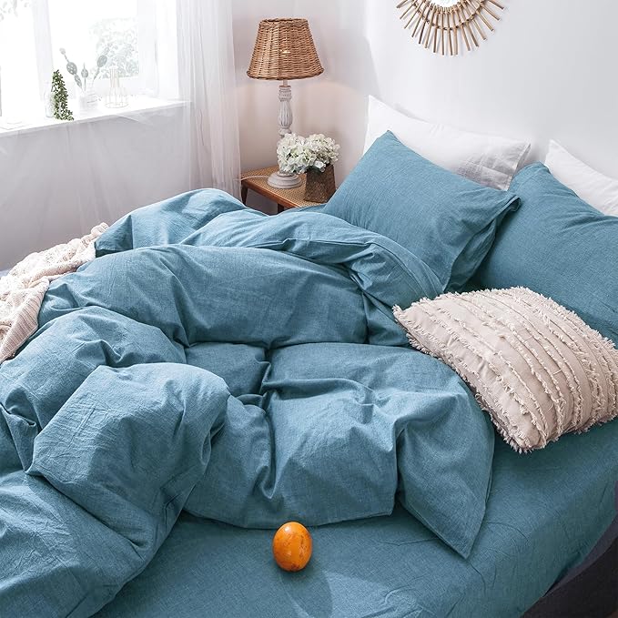 MooMee Bedding Duvet Cover Set 100% Washed Cotton Linen Like Textured Breathable Durable Soft Comfy (Heathered Peacock Blue, Oversized Queen 98"x98")