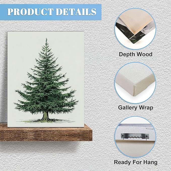 Framed Christmas Pictures Wall Decor,Vintage Pine Tree Prints,Winter Christmas Canvas Wall Art Decoration for Bedroom Bathroom Living Room Rustic Xmas Holiday Gifts (Christmas Tree 5, 20'' X 32'')