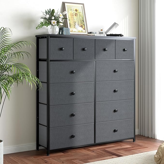 Dresser for Bedroom with 12 Drawers Tall Dressers for Bedroom Fabric Dressers & Chest of Drawers with Sturdy Metal Frame, Wood Top, for Woman, Closet, 40.6" W x 11.8" D x 44.5" H (Grey)