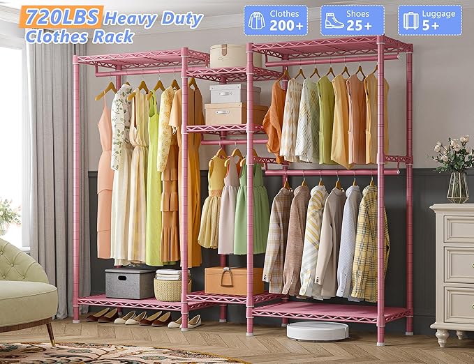 Raybee Clothes Rack Heavy Duty Clothing Racks for Hanging Clothes Adjustable Wardrobe Closet Hanging Clothes Rack Garment Rack, Pink, 13.9" D x 70.6" W x 77" H