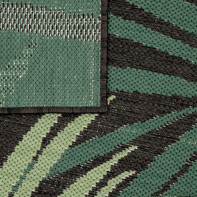 Indoor & Outdoor Rug Flat-Weave Jungle Floral Palm Trees Design Black Green, Size: 5'3" x 7'7"