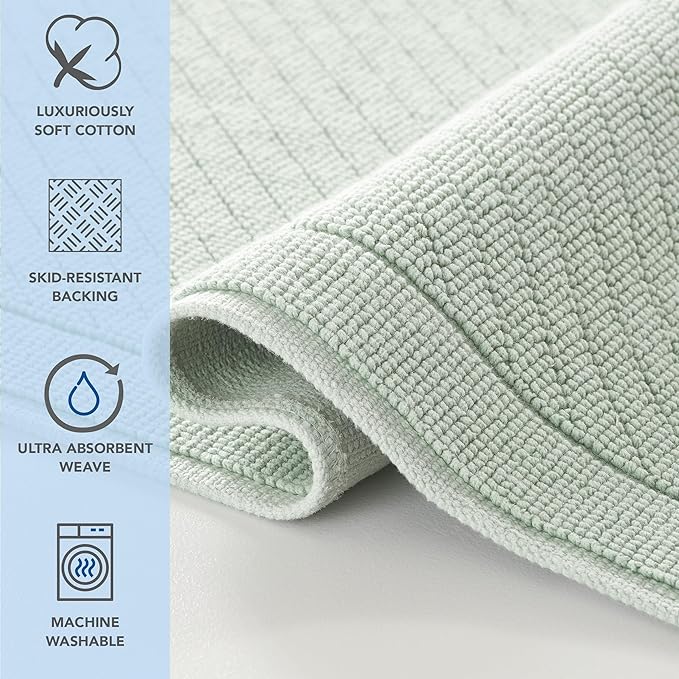 Arkwright 100% Cotton Bathroom Rug - High Absorbent Stylish Textured Woven Design Bath Mat, Slip Resistant Backing for Shower and Bathtub Floor, 20x60 in - Green