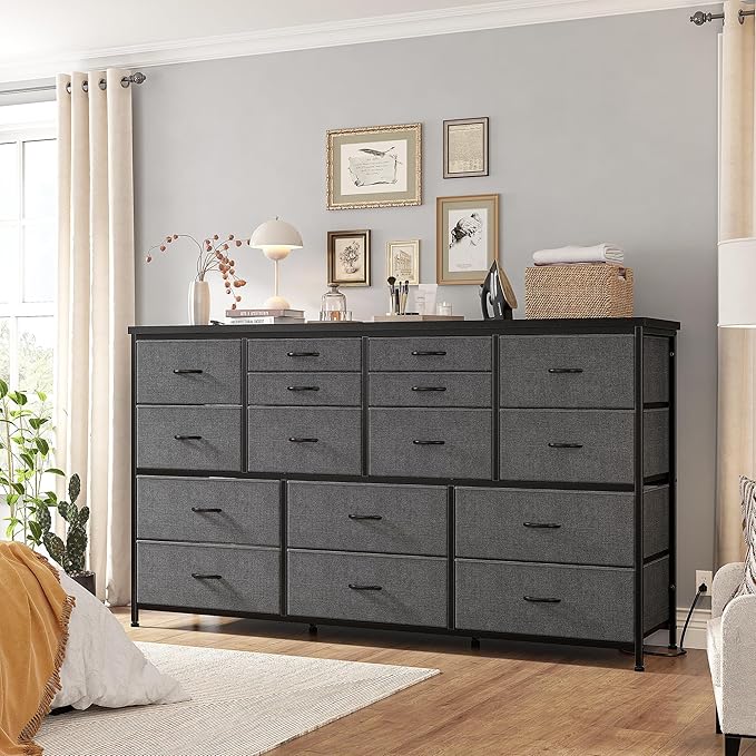 EnHomee Dressser for Bedroom Dresser with 16 Drawers TV Stand for Bedroom for 60" TV Long Dressers & Chests of Drawers Large Dresser with Charging Station, 51.5" W*11.7" D*34.6" H, Grey