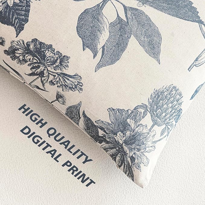 Foindtower Set of 2 Linen Floral Vintage Throw Pillow Covers Neutral Accent Print Decorative Cushion Covers Farmhouse Boho Home Decor for Sofa Chair Couch Bedroom Living Room Outdoor,18×18 Inch,Blue