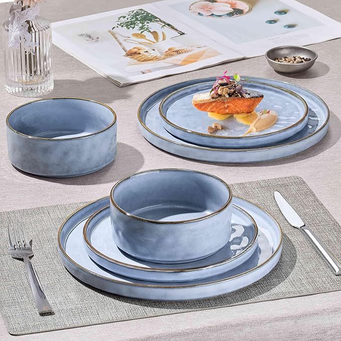 Herogo Dinnerware Sets for 8, 24 Pieces Ceramic Dishware for Kitchen Dinning, Stoneware Plates and Bowls Sets, Dishwasher & Microwave Safe, Haze Blue