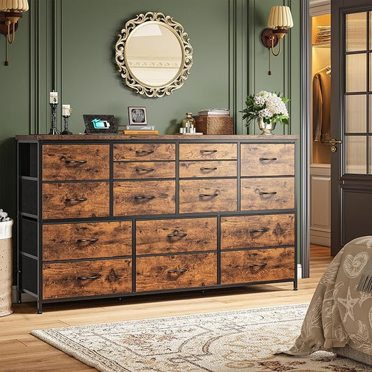 Dresser for Bedroom with 16 Fabric Drawers Long Dresser with Charging Station TV Stand for 60" TV Dressers & Chest of Drawers for Bedroom, Living Room, Closet, Rustic Brown