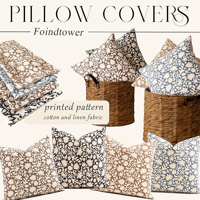 Foindtower Set of 2 Decorative Neutral Floral Throw Pillow Covers Accent Farmhouse Cushion Covers Boho Vintage Pillowcase for Couch Sofa Bedroom Living Room Home Decor Outdoor,20×20 Inch,Brown