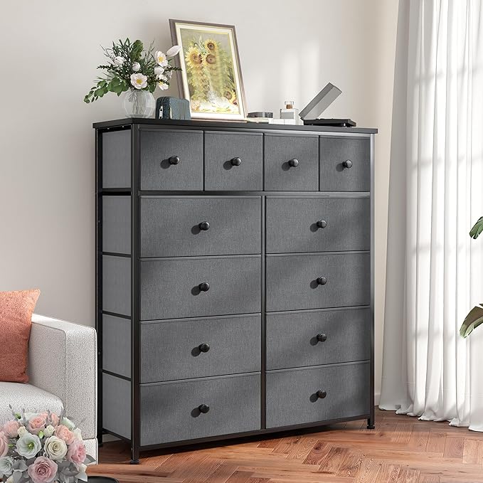 Dresser for Bedroom with 12 Drawers Tall Dressers for Bedroom Fabric Dressers & Chest of Drawers with Sturdy Metal Frame, Wood Top, for Woman, Closet, 40.6" W x 11.8" D x 44.5" H (Grey)