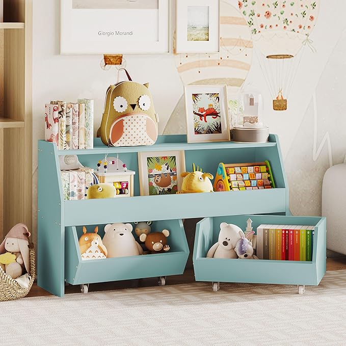 Toy Storage Organizer for Kids, Toy Storage Cabinet with Drawers, Boys and Girls Toy Shelf with Wheels, Toy Organizer Kids Bookshelf with Storage for Nursery, Playroom, Bedroom (Blue)