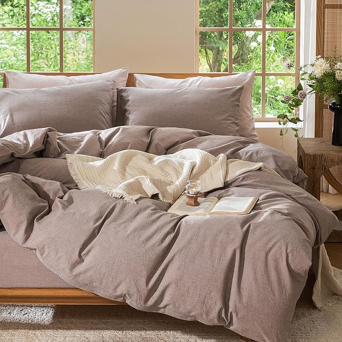 MooMee Bedding Duvet Cover Set 100% Washed Cotton Linen Like Textured Breathable Durable Soft Comfy (Heathered Mauve Brown, Full 80"x90")
