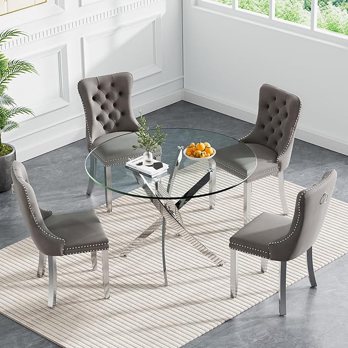 Goujxcy 5 Piece Round Glass Dining Table Set for 4, 36" Round Dining Table & Chair Set Modern Circle Glass Kitchen Table and 4 Velvet Upholstered Chairs for Kitchen Dining (Silver Table & Grey Chair)