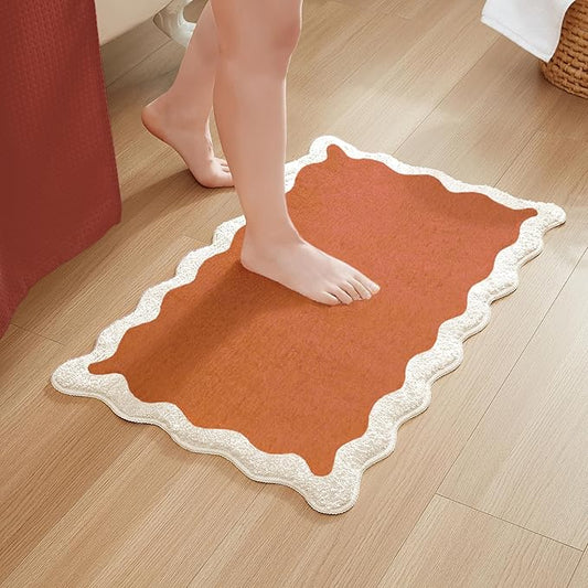 MONDAY MOOSE Bath Mat with Scalloped Wavy Ripple Design, Microfiber Absorbent Non Slip Tufted Rug for Floor, Shower or Kitchen (16x24 inch, Terracotta)