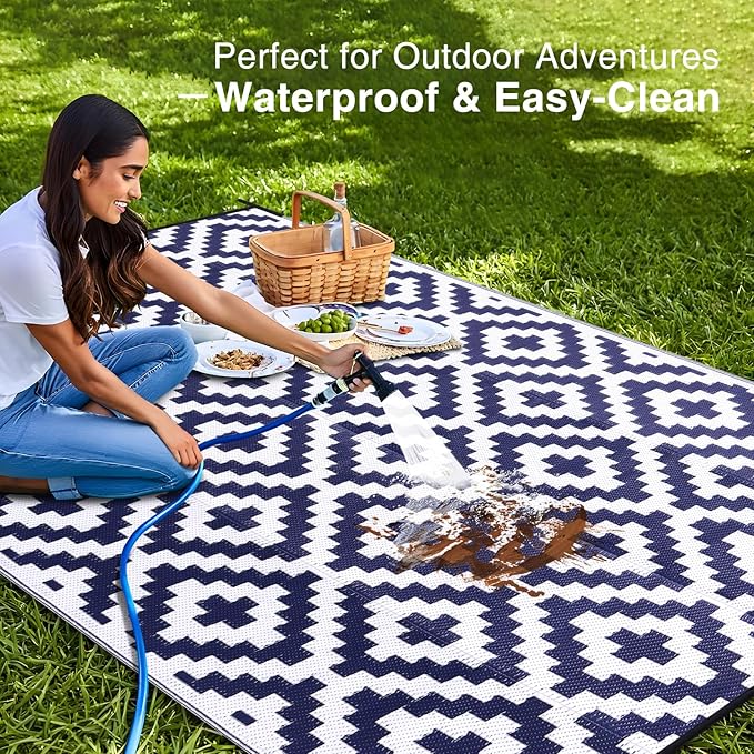 OLANLY Waterproof Outdoor Rug 8x10 ft, Outdoor Plastic Straw Rug for Camping, RV Mat Outside, Indoor Outdoor Carpet for Porch, Deck, Backyard, Balcony, Picnic, Navy & White