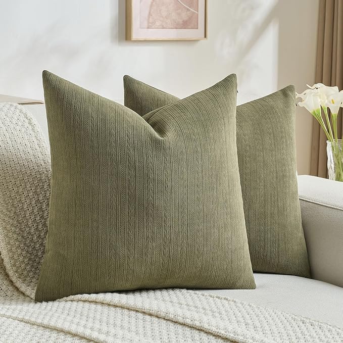 FUTEI Olive Green Decorative Throw Pillow Covers 20x20 Inch Set of 2,Soft Cozy Wheat Ear Striped Patterns Cushion Cases,Modern Home Decor for Couch Bed Living Room