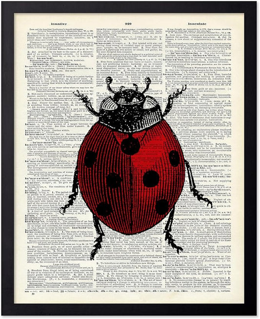 Poster Master Dictionary Art Poster - Retro Ladybug Print - Insect Art - Red Bug Art - Gift for Men, Women & Animal Lover - Minimal Decor for Living Room & Kid's Room, 8x10 Black Framed