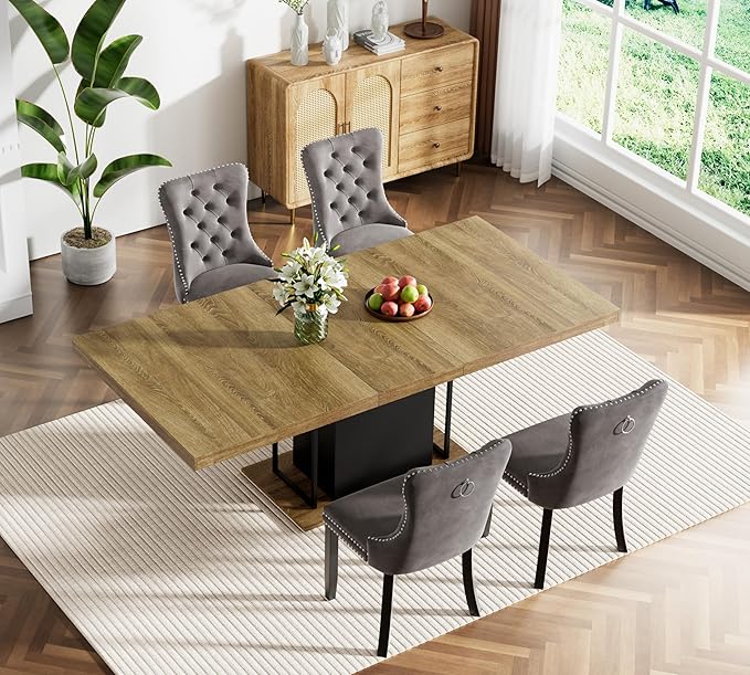 Goujxcy 78.7" Farmhouse Extendable Dining Room Table Set for 4, 5-Piece Rectangle Kitchen Dining Room Table Set with Wood Base and 4 Grey Velvet Dining Chairs, Extending Kitchen & Dining Table Set