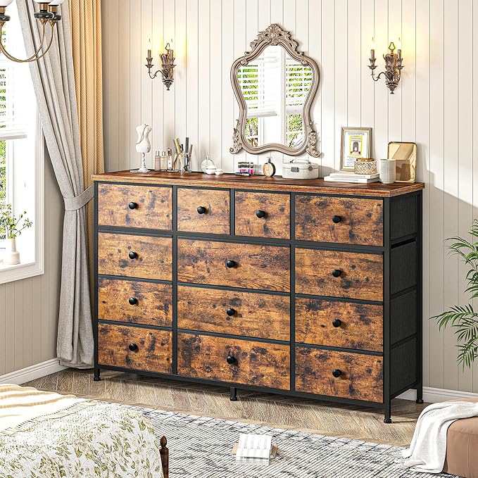 Tv Stand for Bedroom with 13 Fabric Dresser,Entertainment Center for 40,50,55 inch Tv,Dressers & Chests of Drawers for Living Room, Hallway, Entryway, Metal Frame, Rustic Brown