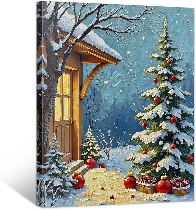 Framed Christmas Pictures Wall Decor,Vintage Pine Tree Prints,Winter Christmas Canvas Wall Art Decoration for Bedroom Bathroom Living Room Rustic Xmas Holiday Gifts (Christmas Tree 21, 24'' X 36'')