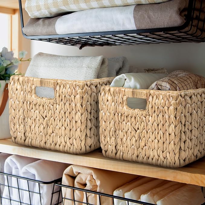 happimess BSK1008A-2SET Leif Rustic Minimalist Hand-Woven Hyacinth Nesting Wicker Storage Baskets with Handles, Seagrass Container for Decoration in Living Room, Bedroom, Entryway, Natural (Set of 2)