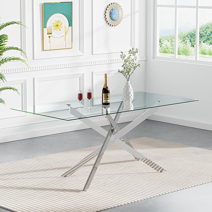 Goujxcy 7 Piece Glass Dining Table Set Modern Glass Dining Table Set for 6, 61" Rectangular Silver Kitchen Table and 6 Velvet Upholstered Chairs, Silver Table & Gray Chair