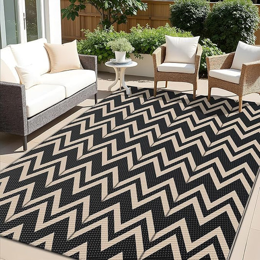 OLANLY Waterproof Outdoor Rug 5x8 ft Clearance, Reversible Outdoor Plastic Straw Rug, RV Mat, Indoor Outdoor Carpet for Patio, Camping, Balcony, Deck, Backyard, Black & Beige