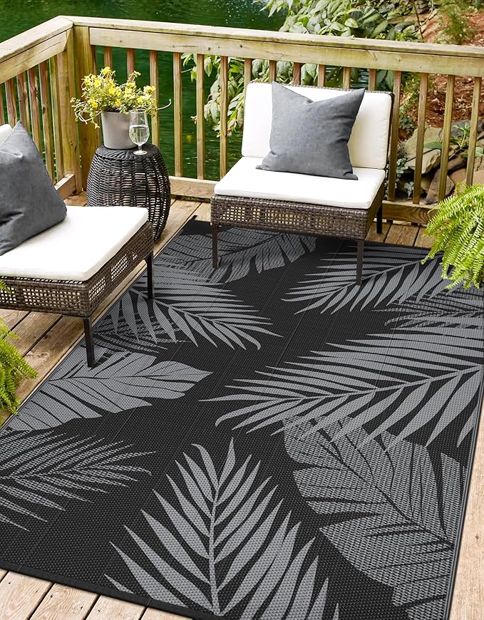 Outdoor Rug 6’x9’ Waterproof for Patio Clearance, Reversible Indoor Outdoor Plastic Straw Camping Rug Carpet, RV Mat, Large Area Rug for Deck, Backyard, Balcony, Porch, Beach, Black & Grey
