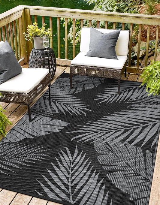 Outdoor Rug 6’x9’ Waterproof for Patio Clearance, Reversible Indoor Outdoor Plastic Straw Camping Rug Carpet, RV Mat, Large Area Rug for Deck, Backyard, Balcony, Porch, Beach, Black & Grey