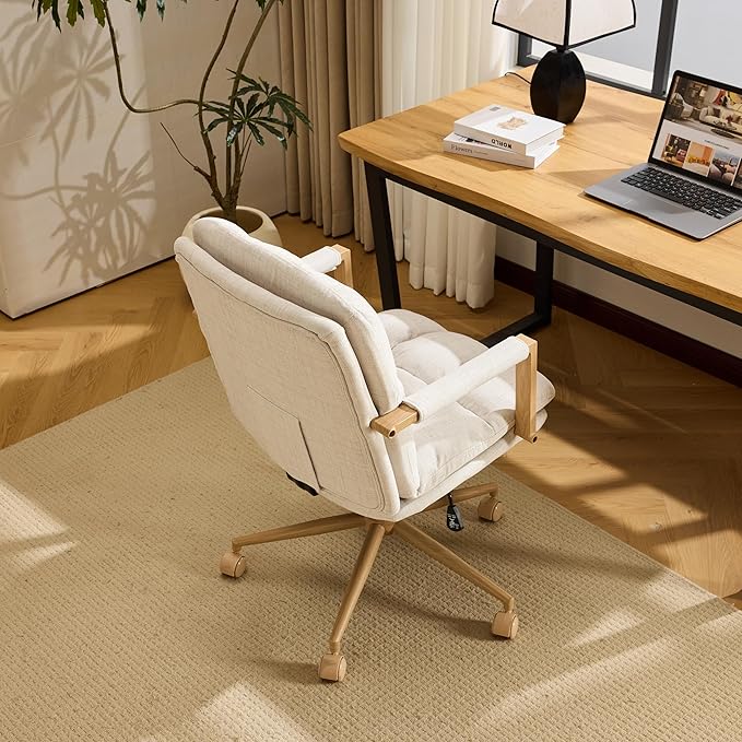 VINGLI Comfy Linen Office Desk Chair with Wheels & Detachable Cushions & Wood-Like Armrests,Swivel Small Computer Task Chair,Adjustable for Girl Makeup Vanity,Teen/Kids Study,Nail Tech,Sewing,White