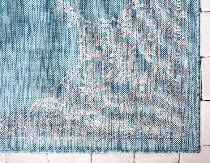 Unique Loom Outdoor Traditional Collection Area Rug - Antique (6' 1" x 9' Rectangle, Light Aqua/ Gray)