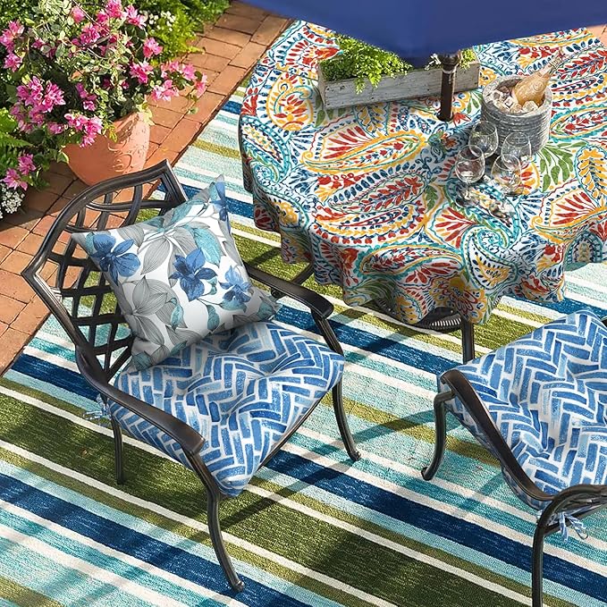 Set of 2 Outdoor Tufted Chair Cushions 19"x19"x4", Water Repellent Patio Seat Cushions with Ties, Replacement Chair Pads for Wicker Dining and Patio Furniture - Blue Bricks