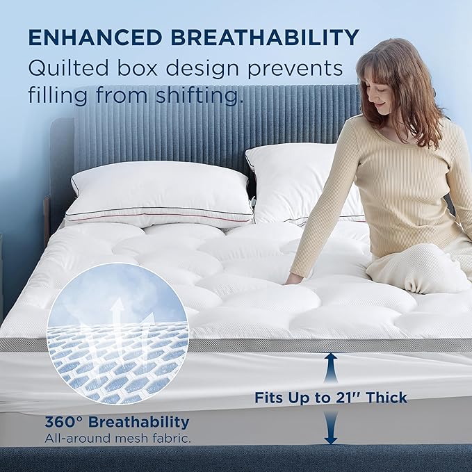 Bedsure Pillow Top King Mattress Topper - King Mattress Protector with 8-21 Inches Deep Pocket, 800 GSM Extra Thick Waterproof Bed Pad Fitted, Soft Bed Cover for Home, Bedroom, Hotel - White