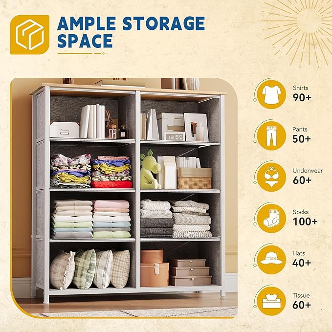 DWVO Fabric Dresser for Room, Tall Storage 8 Drawers, Black Dresser & Chest of Drawers, Storage Drawer Organizer for Closet, Living Room