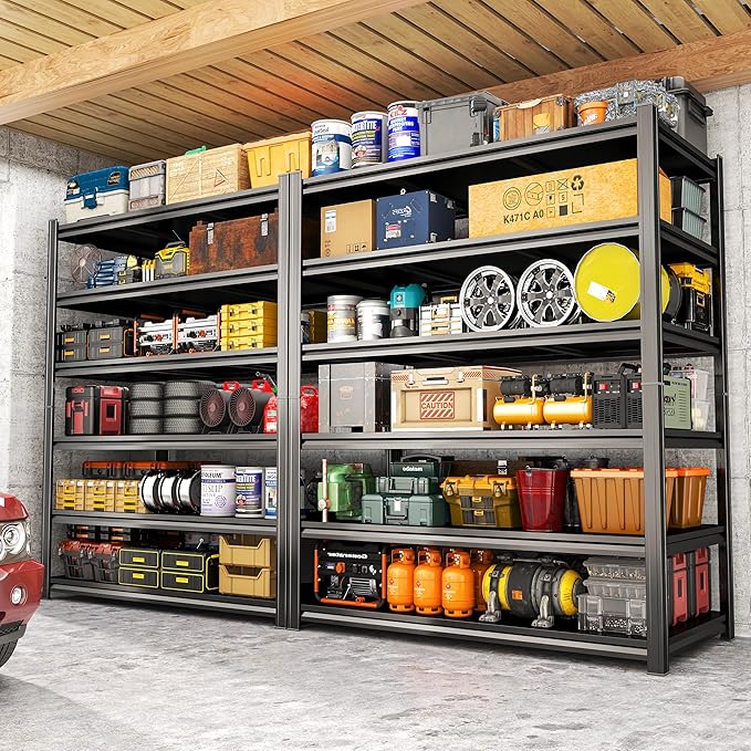 78" H Garage Shelving Unit 3000Lbs Adjustable Metal Storage Rack Shelf, Tool-Free Assembly, Black Shelves for Garage Storage Shelf for Basement, Pantry, Warehouse, 39.4" W × 19.7" D × 78" H