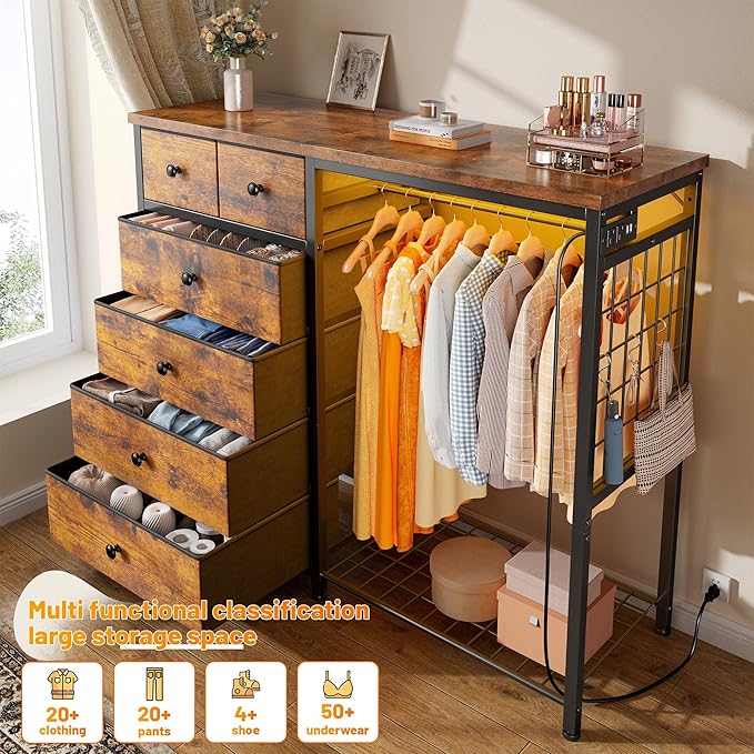 EnHomee 49.2" W Dresser with Hanging Rack & 6 Fabric Drawers – Wooden Top Storage Unit Featuring LED Lights, Charging Station & Grid Panel for Bedroom or Closet, Rustic Brown