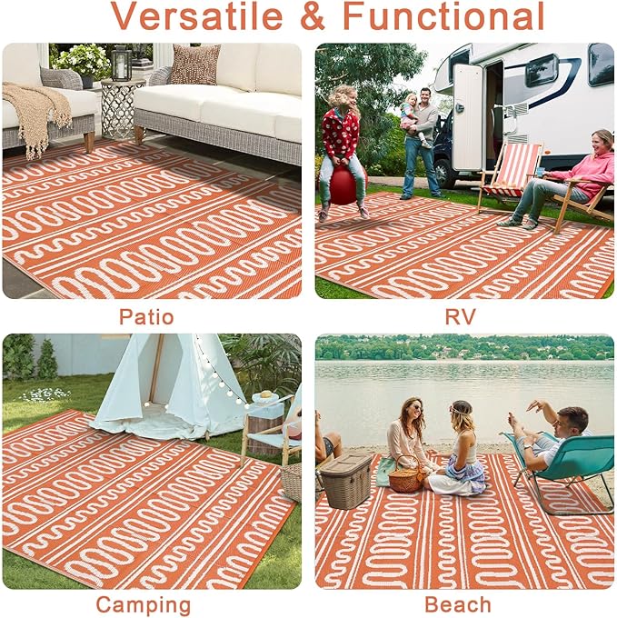 Beeiva Outdoor Rug 8x10, Outdoor Rug Waterproof Reversible, Portable Plastic Outdoor Patio Rug for Deck, Balcony, Backyard, Porch, Camping, Picnic - Orange