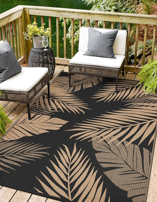 Outdoor Rug 6’x9’ Waterproof for Patio Clearance, Reversible Indoor Outdoor Plastic Straw Camping Rug Carpet, RV Mat, Large Area Rug for Deck, Backyard, Balcony, Porch, Beach, Black & Brown
