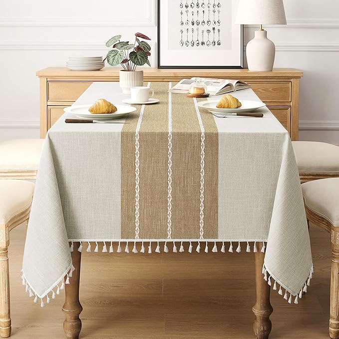 puredown® Rustic Rectangle Tablecloth, Waterproof Cotton Linen Tablecloth with Tassel, Wrinkle Free Farmhouse Table Cloths for Kitchen Dining Outdoor, 55"x70",4-6 Seats, Coffee