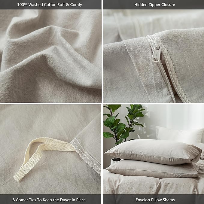 MooMee Bedding Duvet Cover Set 100% Washed Cotton Linen Like Textured Breathable Durable Soft Comfy (Heathered Cream Grey, Super King Plus 120"x120")
