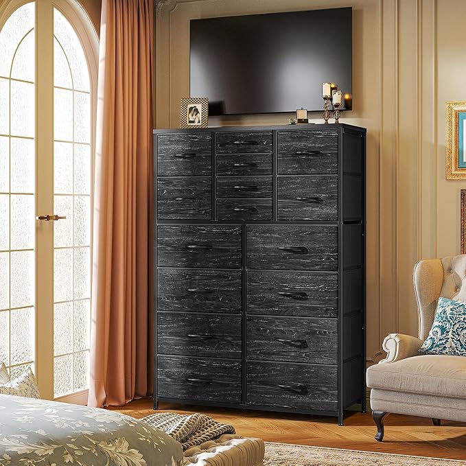 57“H Tall Dresser for Bedroom with 16 Drawers,Fabric Dressers & Chests of Drawers for Closet,Large Black Dresser with Sturdy Metal Frame, Wood Top,Entryway, Hallway