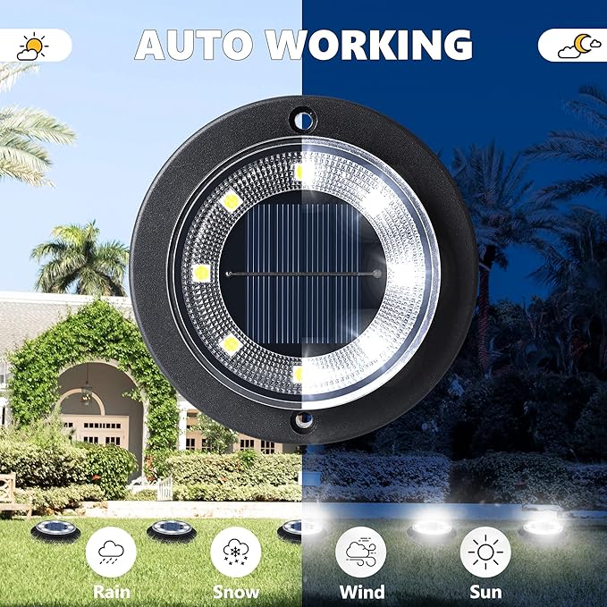 Flacchi Solar Ground Lights - Solar Powered Lights Outdoor Solar Disk Light Waterproof Landscape Light for Patio Yard Pathway Walkway Driveway (Cool White, 2 Pack)