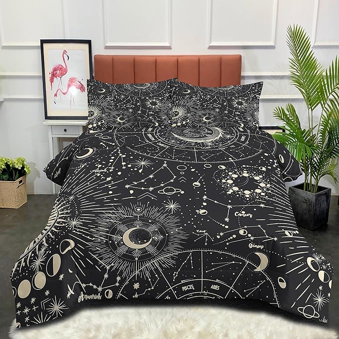 Tailor Shop Sun and Moon Comforter Sets for Kids Boys Teens,Stars Space Psychedelic Bedding Set Full Size,Sun and Moon Bedding Boho Mandala Comforter Sets with 2 Pillowcases