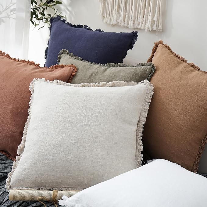 Foindtower Set of 2 Decorative Linen Fringe Throw Pillow Covers Cozy Boho Farmhouse Cushion Cover with Tassels Soft Accent Pillowcase for Couch Sofa Bed Living Room Home Decor, 24×24 Inch, Beige